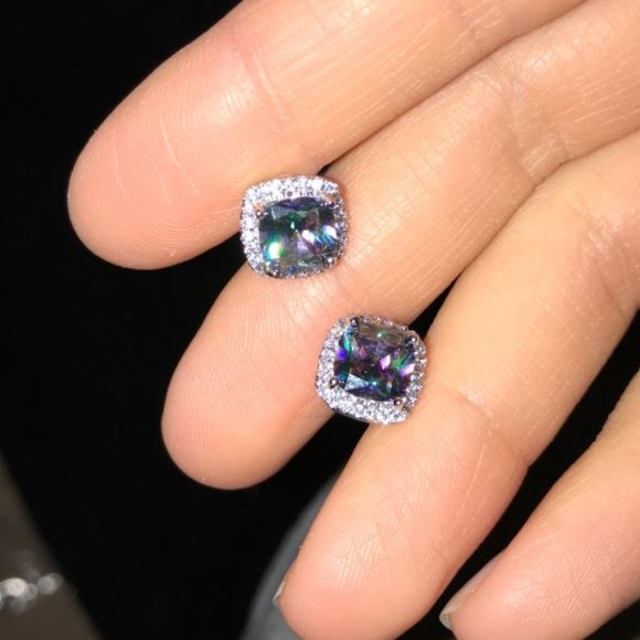 NEW Iridescent Diamond Halo Cushion Stud Earrings - Picture 4 of 7